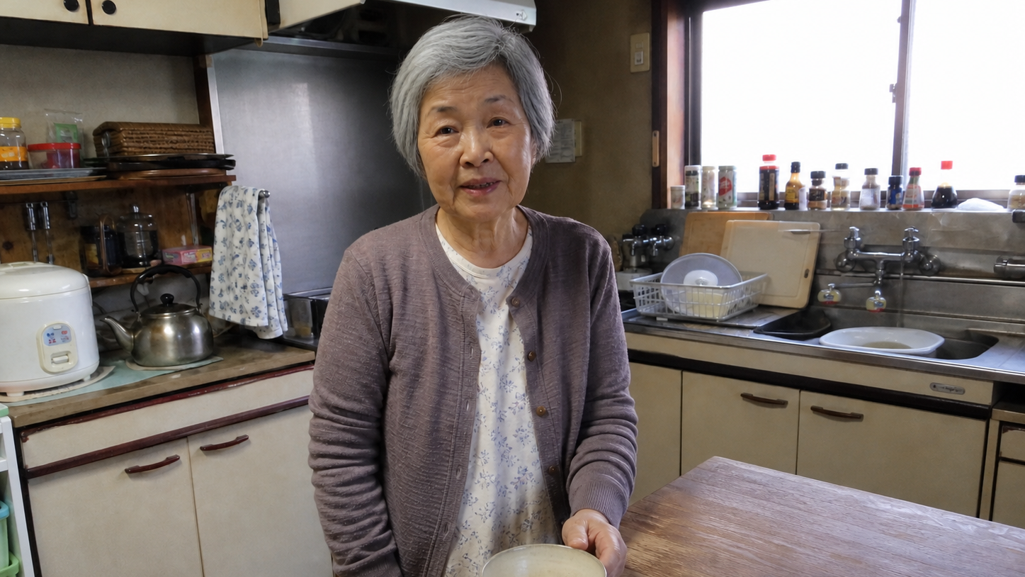Keiko holding a simple rice bowl in a home kitchen