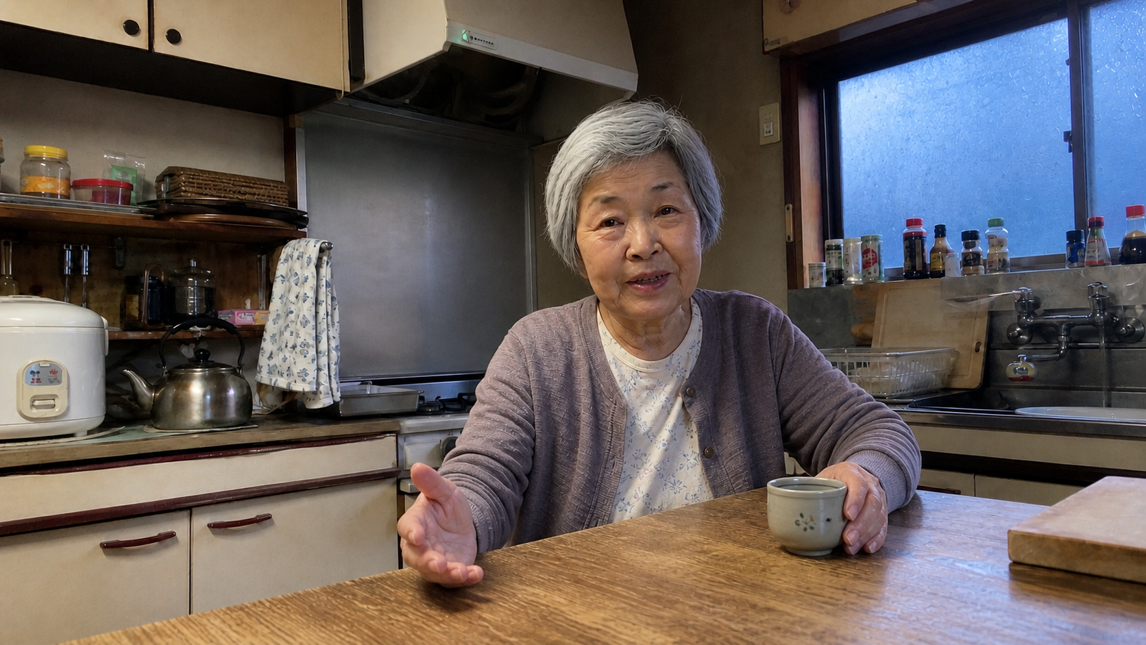 Keiko seated at a counter in a modest Japanese home kitchen