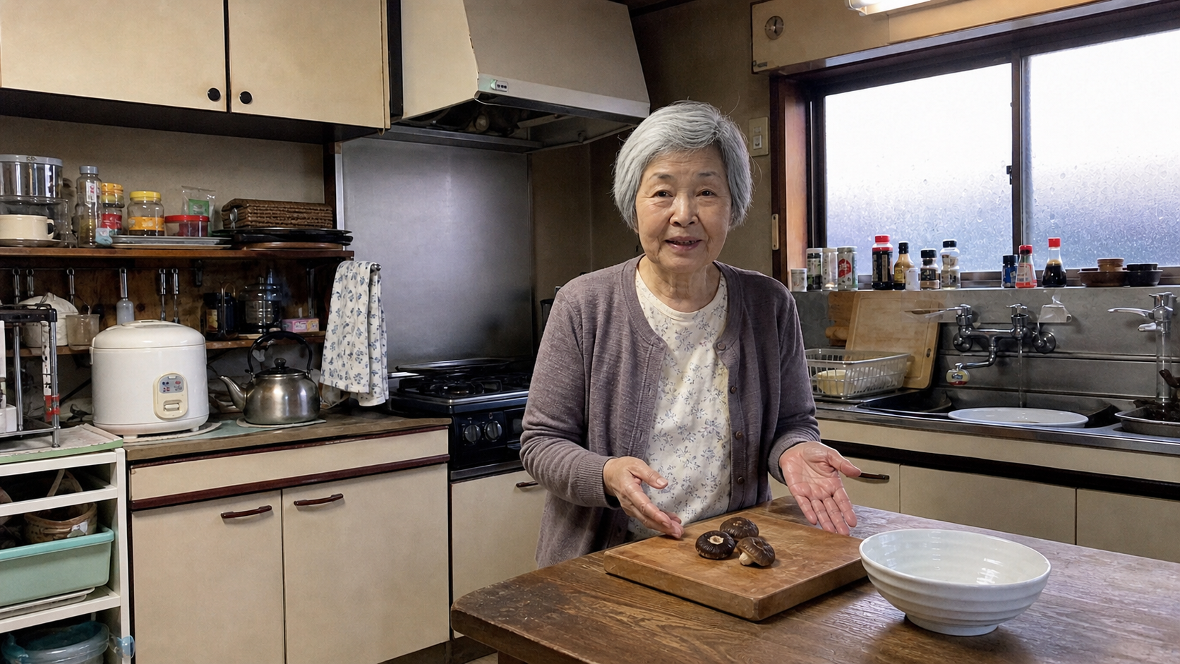 Keiko showing dried shiitake mushrooms in a home kitchen